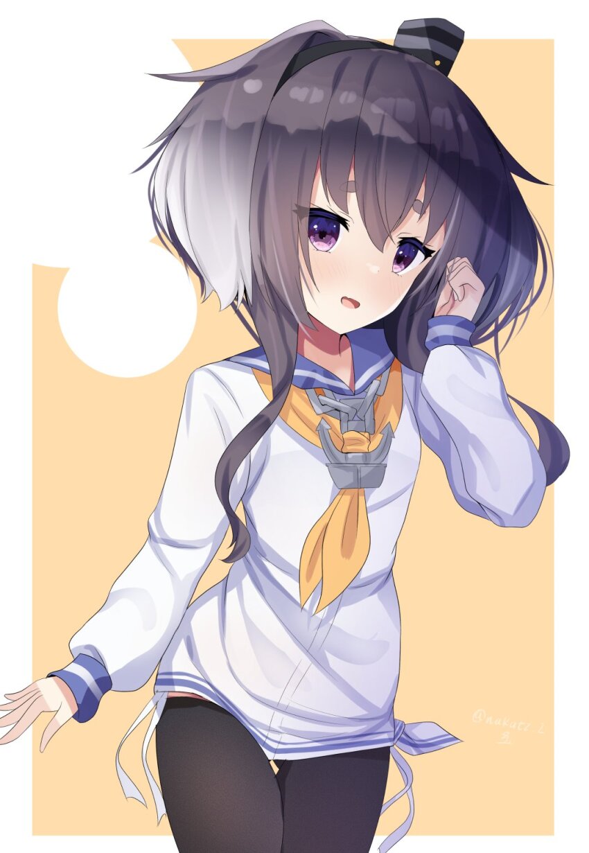 1girl, anchor_necklace, black_hair, black_pantyhose, blue_sailor_collar, dress, gradient_hair, hat