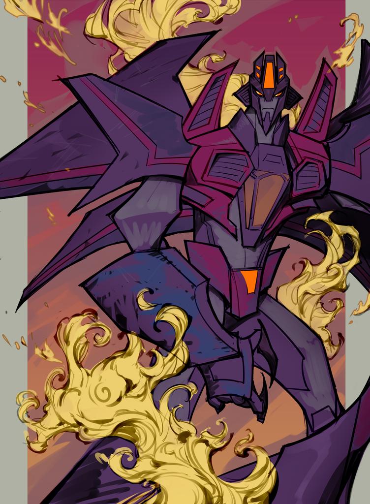 1boy, airplane_wing, closed_mouth, decepticon, fire, glowing, glowing_eyes, humanoid_robot, insignia, looking_at_viewer, machinery, male_focus, mecha, no_humans, red_eyes, robot, science_fiction, sir_garrowman, solo, starscream, transformers, transformers:_robots_in_disguise_(2015), weapon