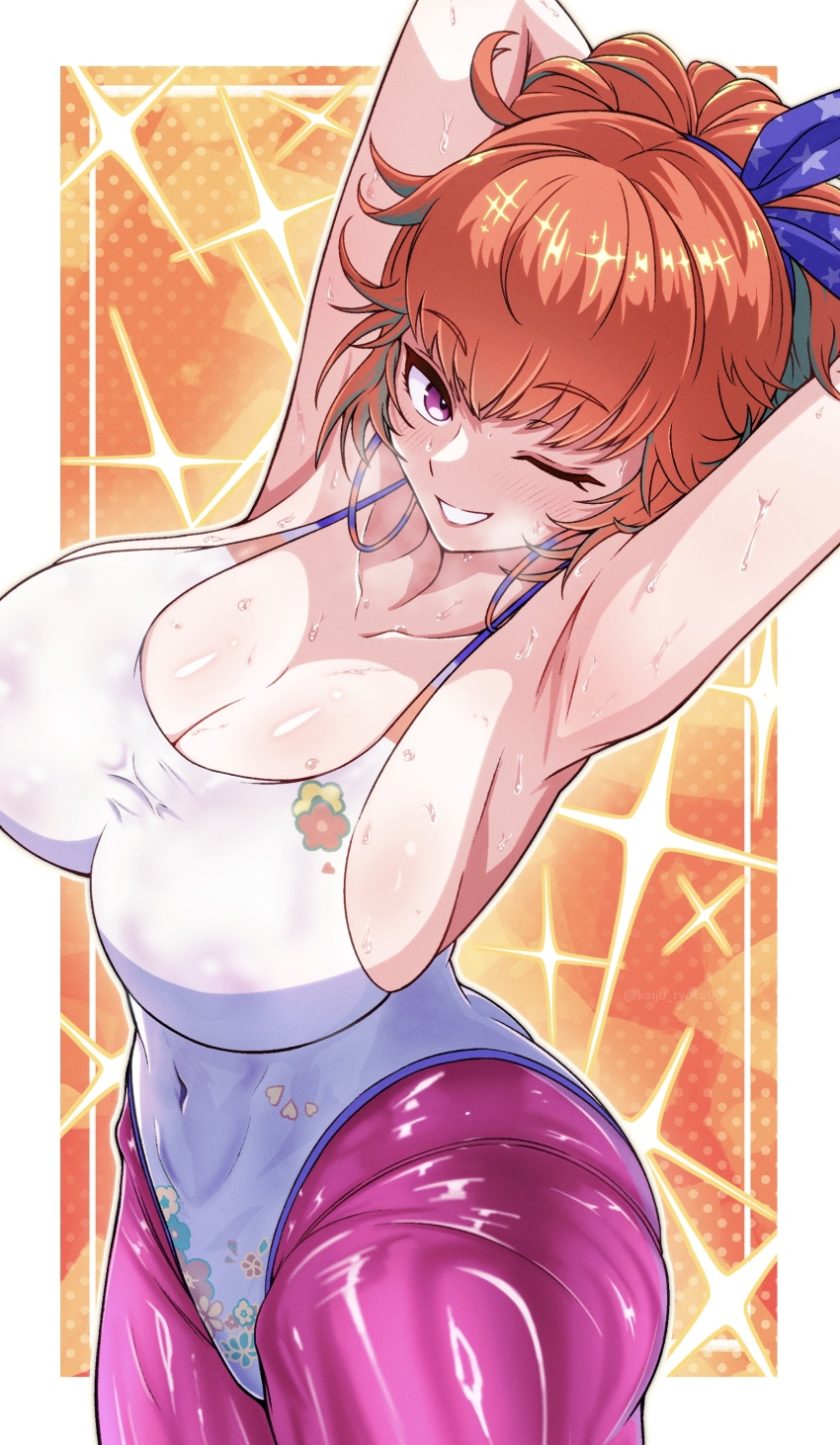 1girl, absurdres, armpits, arms_behind_head, arms_up, blush, border, breasts