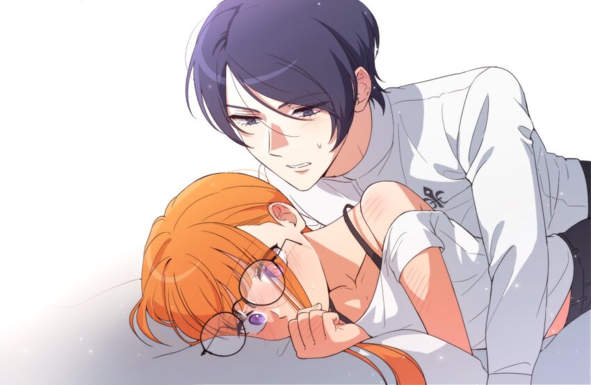 1boy, 1girl, black-framed_eyewear, black_pants, blue_eyes, blue_hair, blunt_bangs, blush, body_blush, boy_on_top, bra_strap, commentary_request, covering_own_mouth, dress_shirt, fleur-de-lis, glasses, hand_blush, head_on_pillow, hetero, highres, kitagawa_yuusuke, korean_commentary, kosei_high_school_uniform, long_hair, long_sleeves, looking_at_another, looking_down, malang_face, midriff_peek, nose_blush, off-shoulder_shirt, off_shoulder, on_bed, orange_hair, pants, parted_bangs, parted_lips, persona, persona_5, pillow, purple_eyes, sakura_futaba, school_uniform, shirt, short_hair, short_sleeves, simple_background, sweatdrop, upper_body, white_background, white_shirt