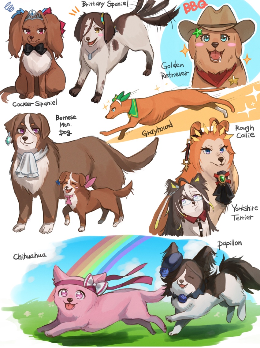 absurdres, animal_focus, animalization, ascot, bandana, bandana_around_neck, bernese_mountain_dog, blue_eyes, blue_flower, blue_rose, blue_sky, bow, brown_fur, chihuahua, closed_eyes, closed_mouth, cloud, collie_(dog), cowboy_hat, daiwa_scarlet_(umamusume), dog, dream_journey_(umamusume), ear_covers, ear_ornament, earrings, english_cocker_spaniel, english_text, field, flower, flower-shaped_pupils, flower_in_eye, full_body, glasses, golden_retriever, grass, greyhound, hair_ornament, hair_over_one_eye, haru_urara_(umamusume), hat, hat_flower, headband, highres, himo_(user_rzgz5877), jewelry, open_mouth, orange_fur, orfevre_(umamusume), papillon_(dog), pink_ascot, pink_eyes, pink_fur, pink_headband, purple_eyes, rainbow, red_bandana, red_headband, rice_shower_(umamusume), rose, saliva, silence_suzuka_(umamusume), single_earring, sky, smile, spaniel_(dog), star_(symbol), star_hair_ornament, symbol-shaped_pupils, symbol_in_eye, symboli_rudolf_(umamusume), taiki_shuttle_(umamusume), tail, tail_wagging, teeth, tiara, tilted_headwear, tokai_teio_(umamusume), tongue, tongue_out, umamusume, vodka_(umamusume), white_ascot, white_fur, yellow_eyes, yorkshire_terrier