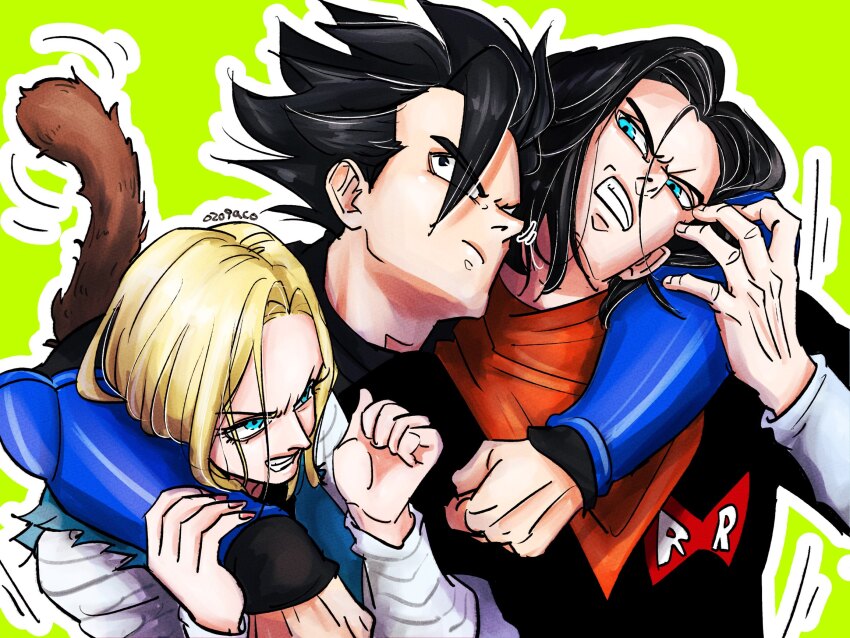1girl, 2boys, aco_rz, android_17, android_18, angry, annoyed, aqua_eyes, arm_around_neck, arm_around_shoulder, arm_on_another's_shoulder, arm_support, armor, arms_around_neck, arms_around_shoulders, arms_on_another's_shoulder, bandana, bandana_around_neck, black_eyes, black_hair, black_shirt, black_tank_top, blonde_hair, blue_armor, blue_eyes, blue_jacket, blue_vest, bracer, brother_and_sister, cheek-to-cheek, clenched_hand, clenched_hands, clenched_teeth, dragon_ball, dragon_ball_legends, dragonball_z, eyes_visible_through_hair, fingernails, frown, green_background, hair_between_eyes, hair_intakes, hair_over_one_eye, hand_up, hands_up, heads_together, highres, holding_another's_arm, holding_another's_wrist, horizontal-striped_clothes, hug, jacket, layered_sleeves, letter_print, long_sleeves, looking_at_another, looking_up, loose_hair_strand, male_focus, monkey_boy, monkey_tail, motion_lines, multiple_boys, nail_polish, neckerchief, orange_neckerchief, outline, red_nails, red_ribbon_army, saiyan, saiyan_armor, shallot_(dragon_ball), shirt, short_hair, short_over_long_sleeves, short_sleeves, siblings, simple_background, single_bang, spiked_hair, striped_clothes, striped_shirt, striped_sleeves, t-shirt, tail, tail_raised, tail_wagging, tank_top, teeth, torn_clothes, torn_sleeves, trembling, twins, twitter_username, upper_body, vest, white_shirt, white_undershirt, wince, wristband