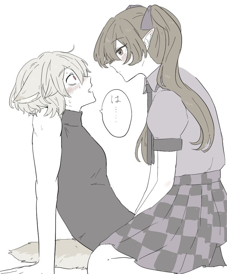 2girls, animal_ears, black_shirt, black_skirt, blush, brown_eyes, brown_hair, embarrassed, from_side, himekaidou_hatate, inubashiri_momiji, long_hair, looking_at_another, multiple_girls, open_mouth, plaid_clothes, plaid_skirt, pointy_ears, purple_shirt, purple_skirt, red_eyes, shirt, short_hair, short_sleeves, sitting, sitting_on_person, skirt, sleeveless, sleeveless_shirt, speech_bubble, tail, tktkhappymchyru, touhou, turtleneck, twintails, two-tone_skirt, white_background, white_hair, wolf_ears, wolf_girl, wolf_tail