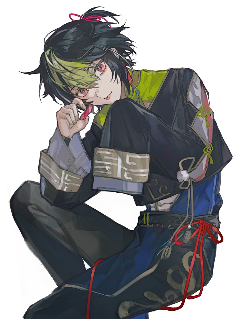 1boy, absurdres, black_hair, chinese_commentary, commentary_request, earrings, green_hair, green_nails