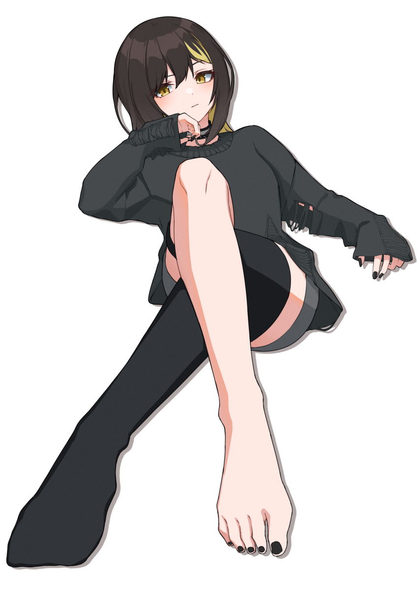 1girl, absurdres, black_hair, black_nails, black_sweater, blonde_streaks, camellia_90, closed_mouth