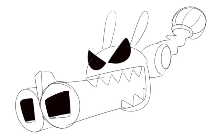 angry, animal_ears, armor, digimon, digimon_adventure, double-barreled_shotgun, gun, holding, holding_weapon, jax_(the_amazing_digital_circus), lineart, no_humans, rabbit_ears, sharp_teeth, shotgun, shoulder_armor, simple_background, tagme, teeth, the_amazing_digital_circus, the_galactabee, weapon, white_background