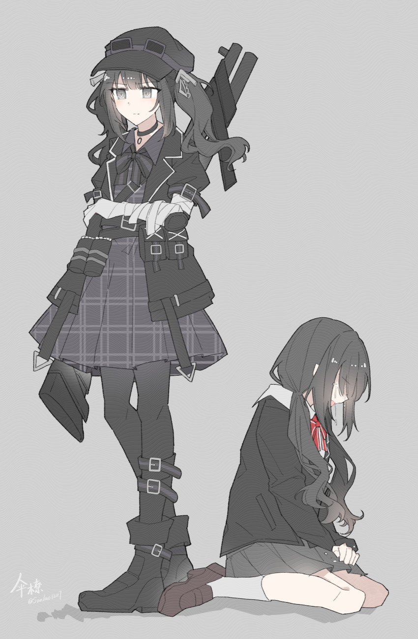 2girls, absurdres, ammunition_pouch, bandaged_arm, bandages, belt_pouch, black_boots, black_choker, black_hair, black_hat, black_pantyhose, black_ribbon, boots, brown_shoes, chinese_commentary, choker, closed_mouth, collared_shirt, commentary_request, crying, dress, dual_persona, expressionless, full_body, goggles, goggles_on_headwear, grey_background, grey_dress, grey_eyes, grey_skirt, grey_socks, gun, hat, highres, kurobe_nanoka, loafers, long_hair, long_sleeves, low_twintails, magical_girl, mahou_shoujo_no_majo_saiban, multiple_girls, neck_ribbon, pantyhose, pleated_skirt, pouch, ribbon, rifle, sanlao1207, school_uniform, shirt, shoes, sitting, skirt, socks, spoilers, standing, time_paradox, twintails, weapon, weapon_on_back, white_shirt