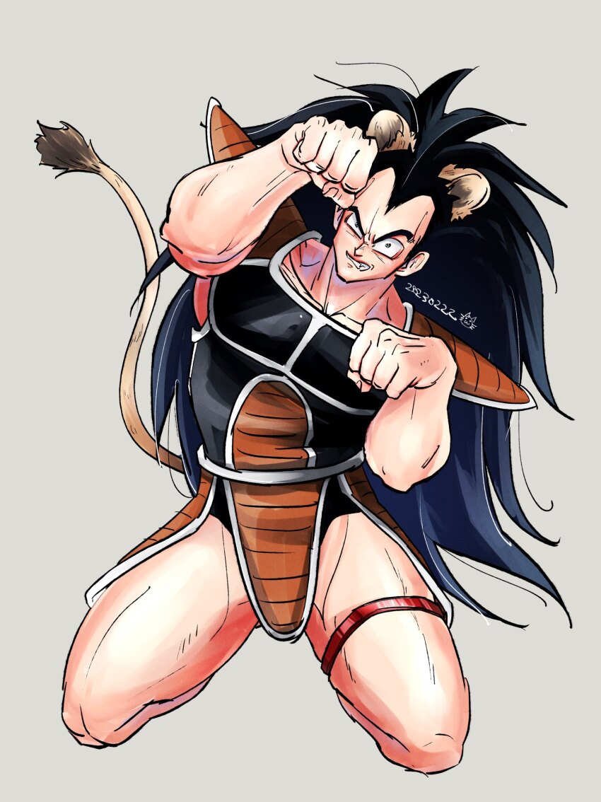 1boy, aco_rz, angry, animal_ears, armor, arms_up, bara, bare_arms