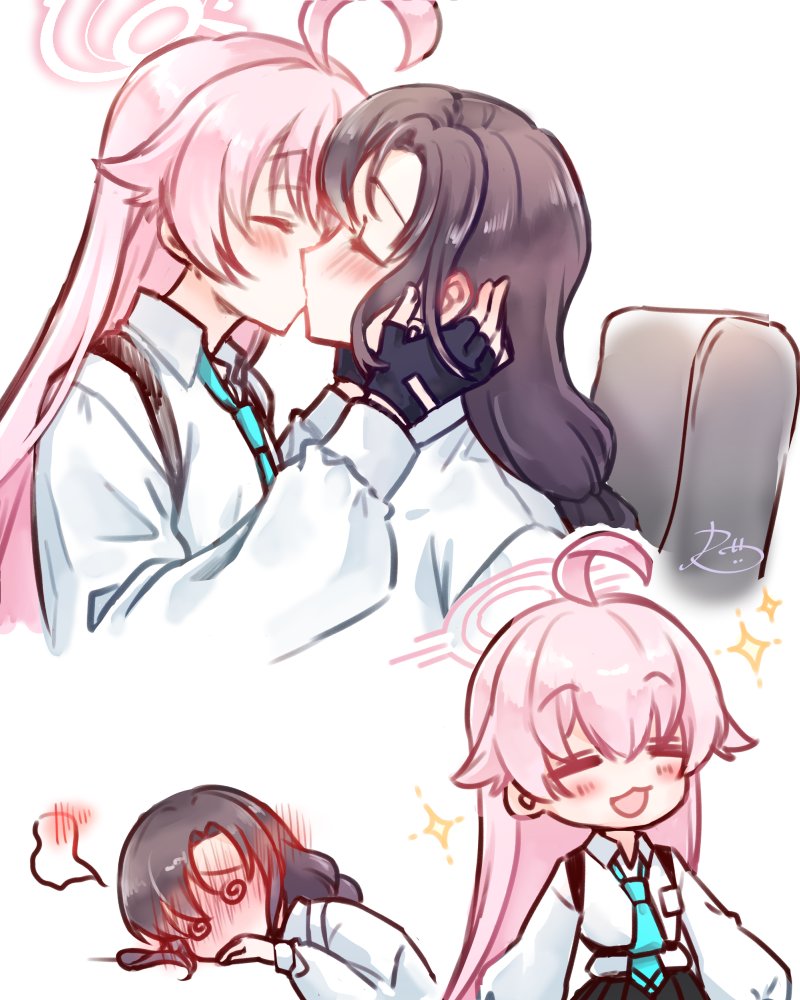 2girls, @_@, ahoge, black_gloves, black_hair, blue_archive, blue_necktie, blush