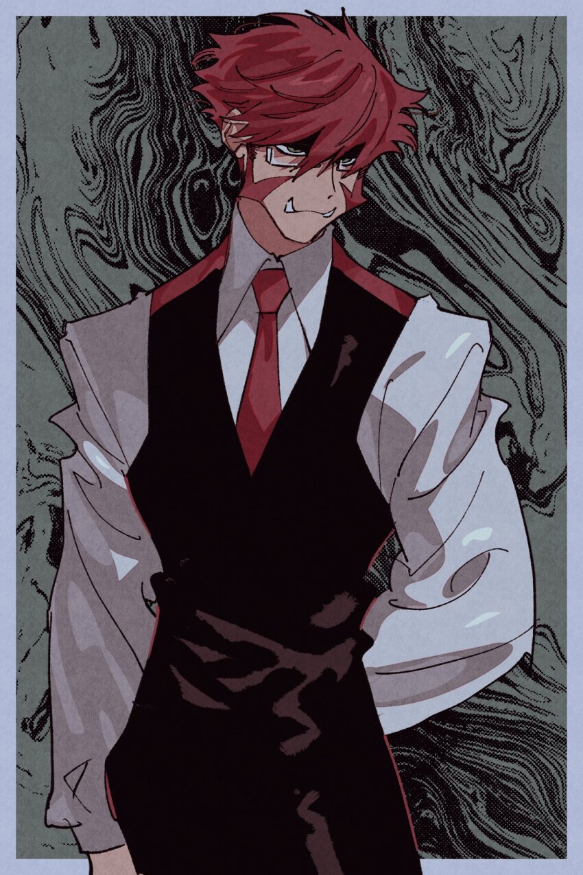 1boy, black_pants, black_vest, border, closed_mouth, collared_shirt, commentary_request, cowboy_shot