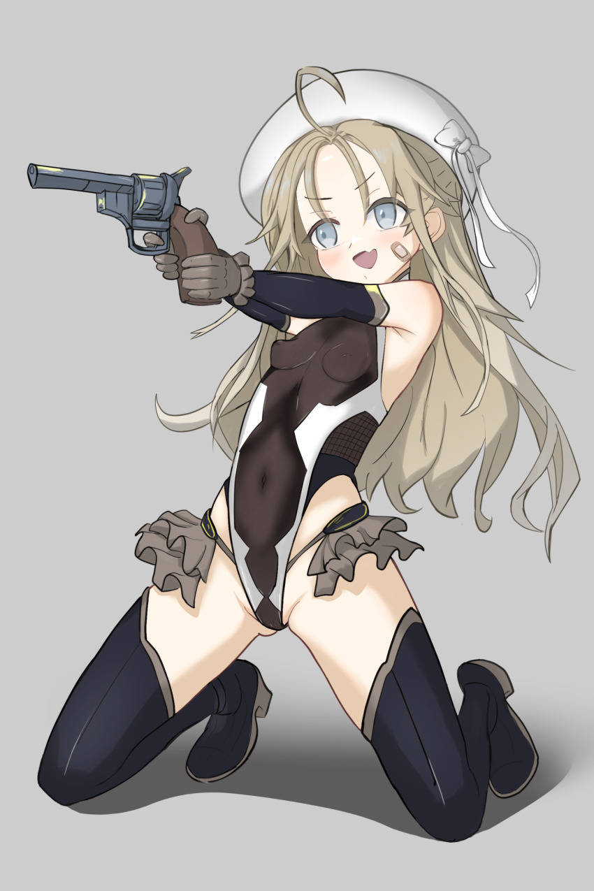 1girl, absurdres, aiming, bandaid, bandaid_on_cheek, bandaid_on_face, blonde_hair, blue_eyes