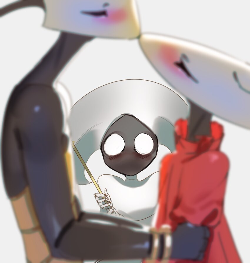 3girls, absurdres, austinarts, black_skin, blush, cloak, colored_skin, dress, highres, hollow_knight, hollow_knight:_silksong, hornet_(hollow_knight), kiss, lace_(hollow_knight), multiple_girls, no_mouth, pin_(hollow_knight), red_cloak, shakra_(hollow_knight), simple_background, white_background, white_dress, yuri