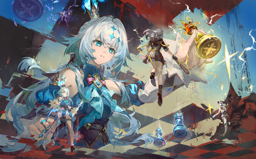 1boy, 3girls, blue_eyes, bright_pupils, cerydra_(honkai:_star_rail), chess_piece, crown, floating_hair, grey_hair, highres, holding, holding_chess_piece, honkai:_star_rail, honkai_(series), hysilens_(honkai:_star_rail), jewelry, long_hair, lygus_(honkai:_star_rail), mini_crown, mini_person, multiple_girls, parted_lips, qingming_tiaohetu, ring, second-party_source, stelle_(honkai:_star_rail), trailblazer_(honkai:_star_rail), very_long_hair, white_pupils