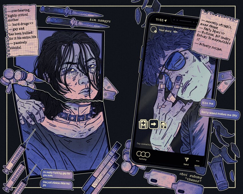 2boys, bandaid, bandaid_on_hand, black_eyes, black_hair, choker, collage, decapitation, drugs, english_text, hand_on_another's_shoulder, head_tilt, highres, instagram, instagram_story, irlplasticlamb, knife, multiple_boys, nam-gyu, note, phone, photo_(object), serious, short_hair, smirk, squid_game, sunglasses, syringe, thanos_(squid_game), ticket, torn_paper, v