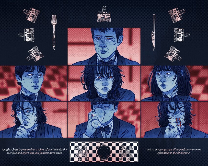1other, 3boys, 3girls, black_coat, black_hair, black_suit, black_vest, blue_shirt, bow, bowtie, broken_bottle, checkered_floor, chessboard, cho_hyun-ju, closed_eyes, coat, collage, collared_shirt, cup, drinking, drinking_glass, english_text, fork, formal_clothes, hair_between_eyes, highres, holding, holding_cup, irlplasticlamb, kang_dae-ho, kim_jun-hee, knife, lee_myung-gi, limited_palette, long_hair, looking_at_another, messy_hair, multiple_boys, multiple_girls, nam-gyu, nervous, park_min-su, portrait, red_eyes, seong_gi-hun, shirt, short_hair, squid_game, suit, vest, wine_glass