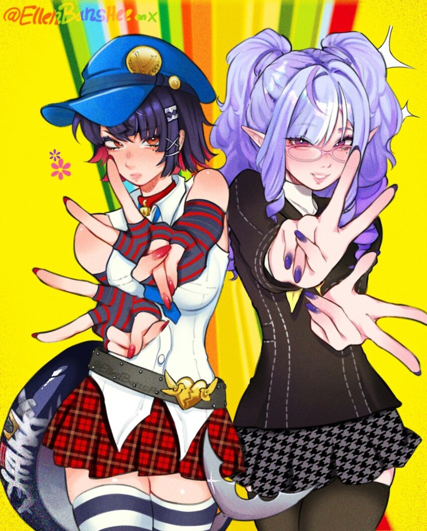 2girls, belt, black_gloves, black_hair, black_jacket, black_skirt, black_thighhighs, blue_hat