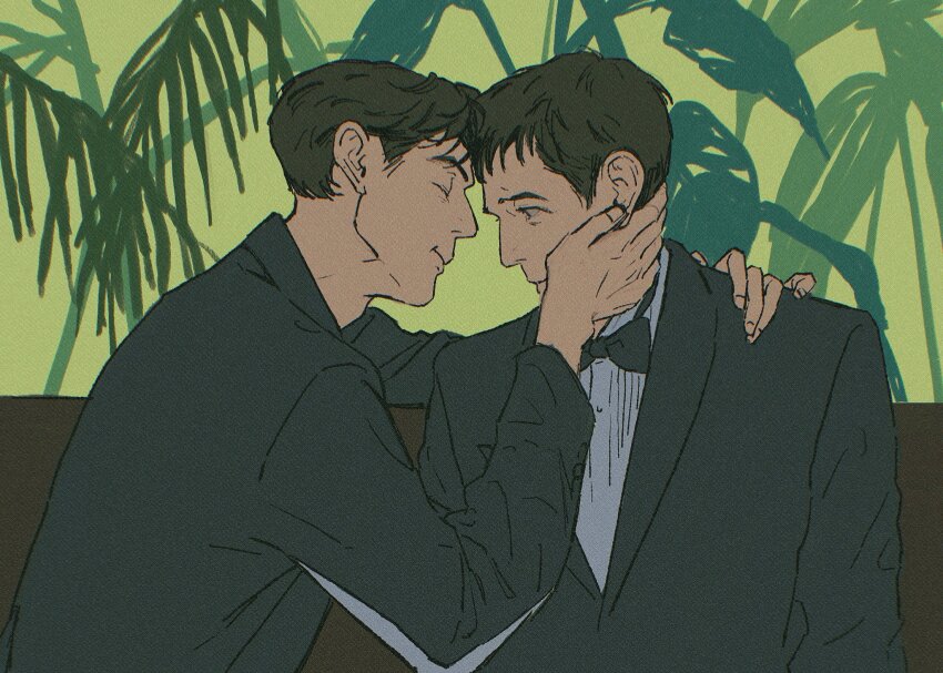 2boys, black_coat, black_eyes, black_hair, black_suit, bow, bowtie, closed_eyes, coat, couch, elbow_rest, fern, formal_clothes, hand_on_another's_chin, hand_on_another's_shoulder, highres, limited_palette, looking_at_another, male_focus, multiple_boys, muted_color, oh_sangwoo, runlikehellllll, seong_gi-hun, shirt, short_hair, sitting, smile, squid_game, suit, tree, white_shirt, yaoi