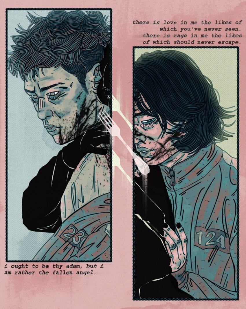 2boys, bags_under_eyes, black_hair, black_nails, blood, blood_on_face, blood_splatter, buzz_cut