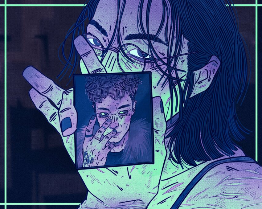 2boys, averting_eyes, bags_under_eyes, black_eyes, black_hair, black_nails, buzz_cut, covered_mouth