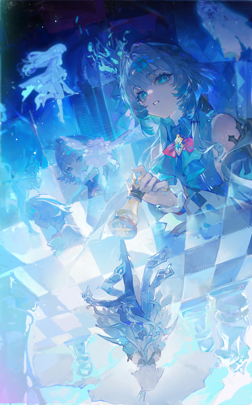 1girl, absurdres, ali_duo_mu, bare_shoulders, black_bow, blue_eyes, bow, bright_pupils