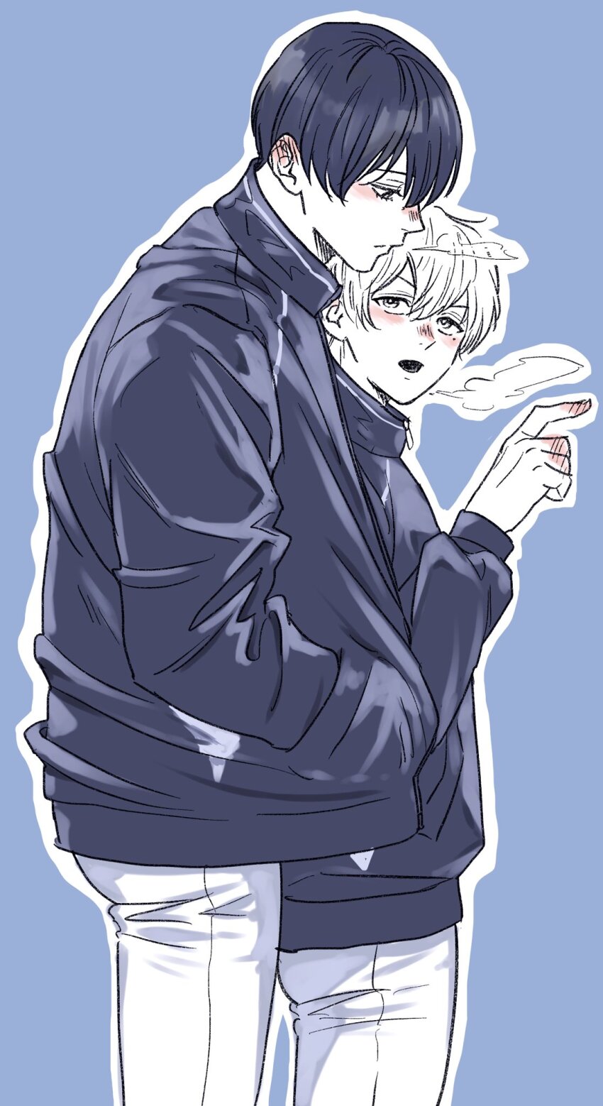 2boys, arm_up, blue_background, blush, boukyaku_battery, breath, closed_mouth, cold