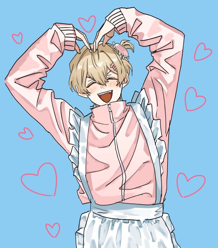1boy, alternate_costume, apron, arms_up, blonde_hair, blue_background, blush, boukyaku_battery, closed_eyes, commentary_request, cowboy_shot, crossdressing, crossdressing_(mtf), double-parted_bangs, hair_between_eyes, hair_ornament, hairclip, heart, heart_arms, highres, jacket, kaname_kei, long_sleeves, maid_apron, male_focus, open_mouth, pink_jacket, popped_collar, rom_harukei, short_side_ponytail, side_ponytail, solo, teeth, tongue, upper_teeth_only, white_apron, zipper, zipper_pull_tab