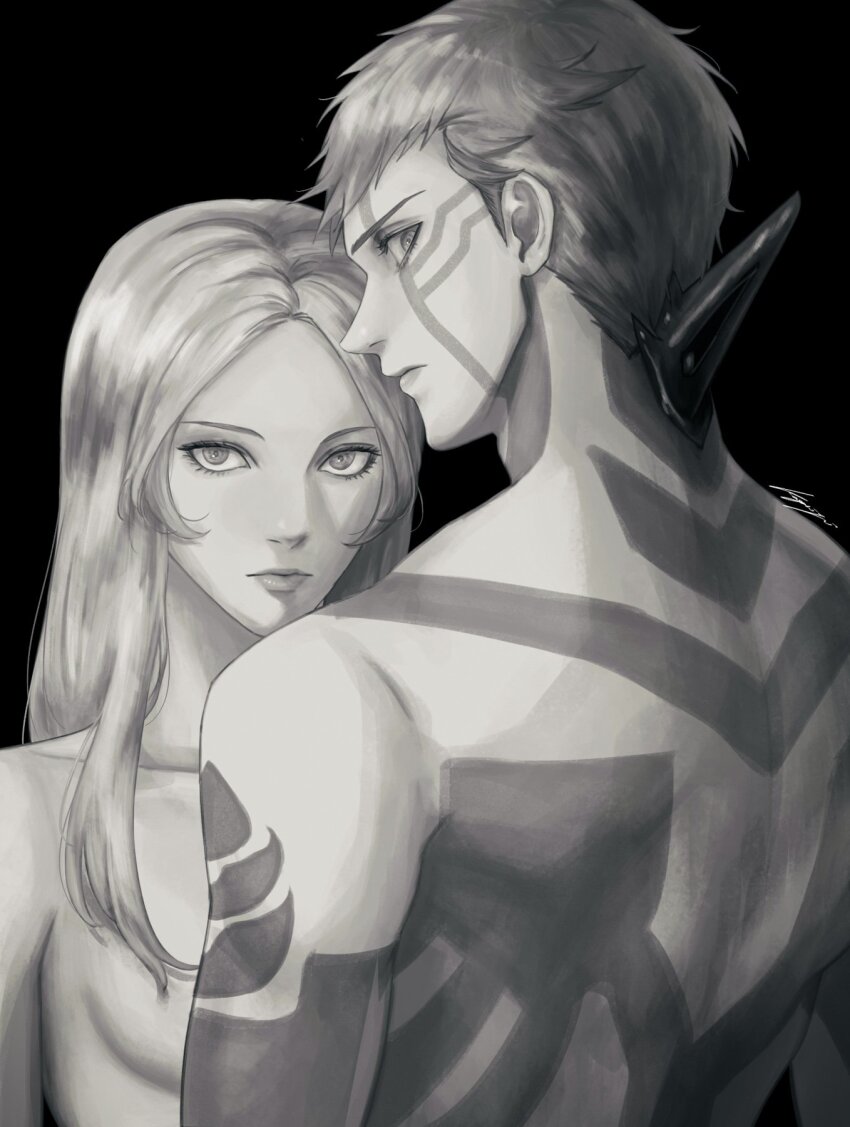 1boy, 1girl, back, black_background, body_markings, breasts, convenient_censoring, demi-fiend, greyscale, highres, horns, kamarin75, long_hair, looking_at_viewer, looking_back, monochrome, shin_megami_tensei, shin_megami_tensei_iii:_nocturne, short_hair, single_horn, tachibana_chiaki_(megami_tensei), topless_female, topless_male, upper_body