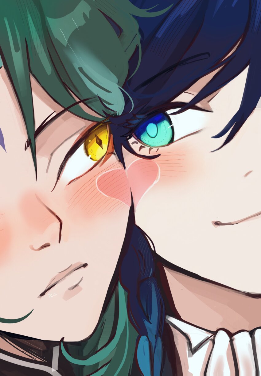 2boys, absurdres, aqua_eyes, blue_hair, braid, closed_mouth, diamond-shaped_pupils, diamond_(shape), eyelashes, genshin_impact, green_hair, hashtag-only_commentary, heart, highres, looking_at_another, male_focus, multiple_boys, side-by-side, smile, symbol-shaped_pupils, venti_(genshin_impact), xiao_(genshin_impact), yaoi, yellow_eyes, zig_tan