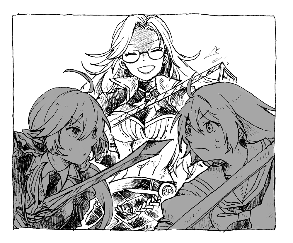 3girls, :o, ahoge, another_eden, belt, blazer, border, breasts