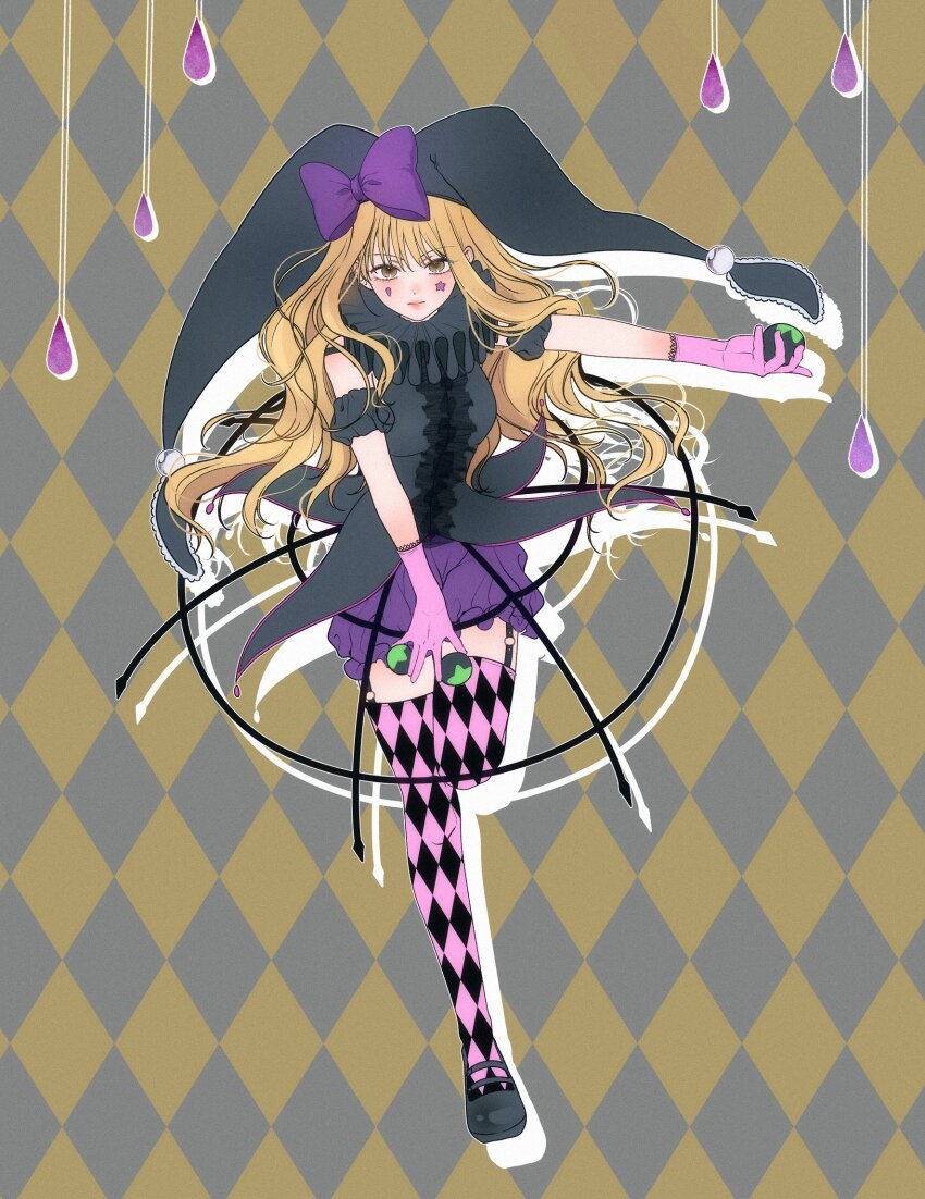 1girl, blonde_hair, blunt_bangs, blush, closed_mouth, clown_drop, commentary_request, full_body, garter_straps, gloves, hat, highres, holding, knn_nabi, korean_commentary, long_hair, looking_at_viewer, magical_girl, mashiro_rima, neck_ruff, shugo_chara!, solo, standing, standing_on_one_leg, thighhighs