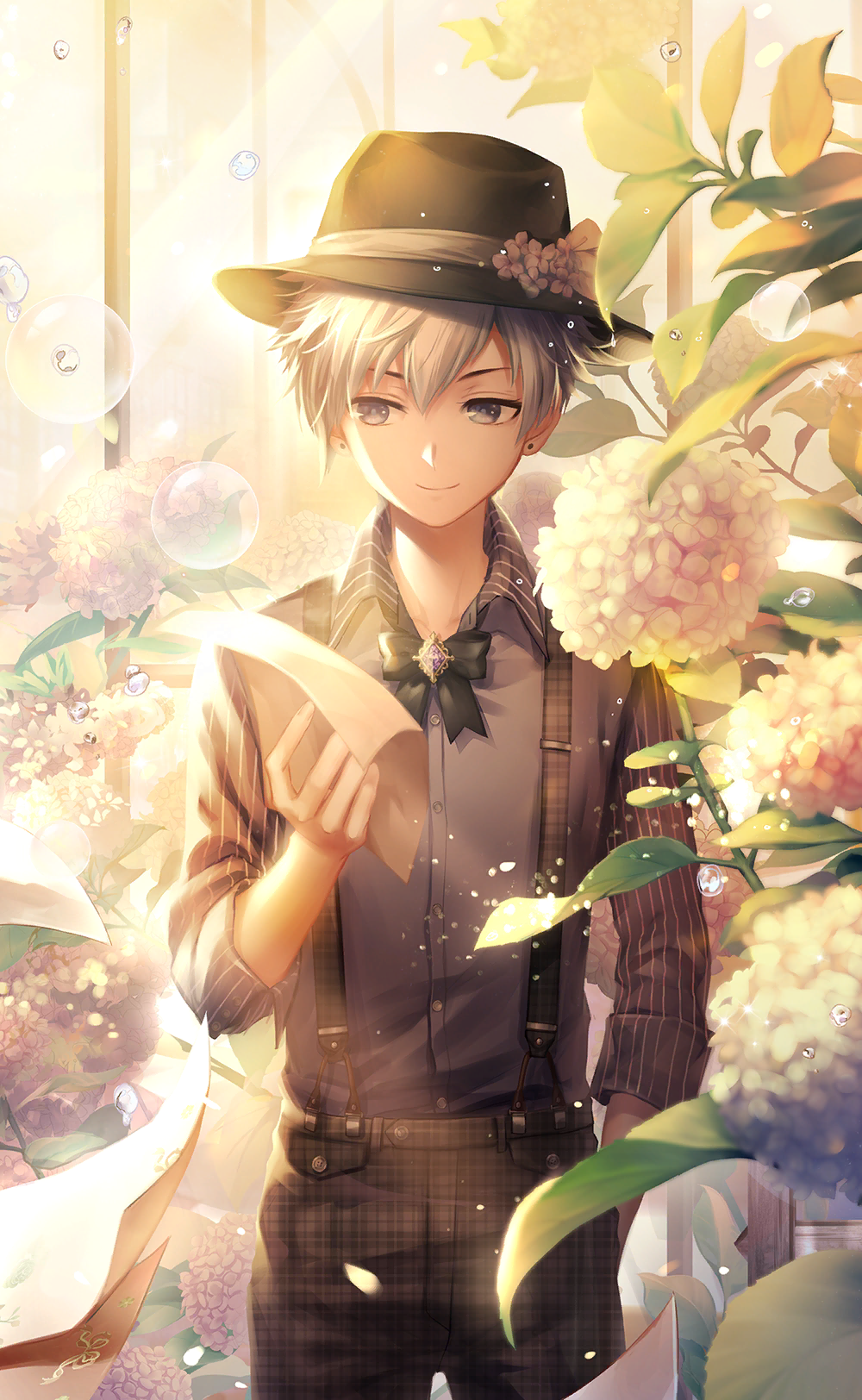 1boy, artist_request, black_hat, black_pants, blue_eyes, blue_flower, blue_shirt, bowler_hat