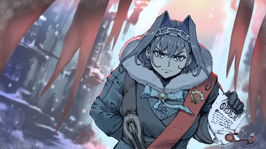 banner, black_gloves, blue_eyes, blue_hair, blue_ribbon, bow, bow_earrings, chain