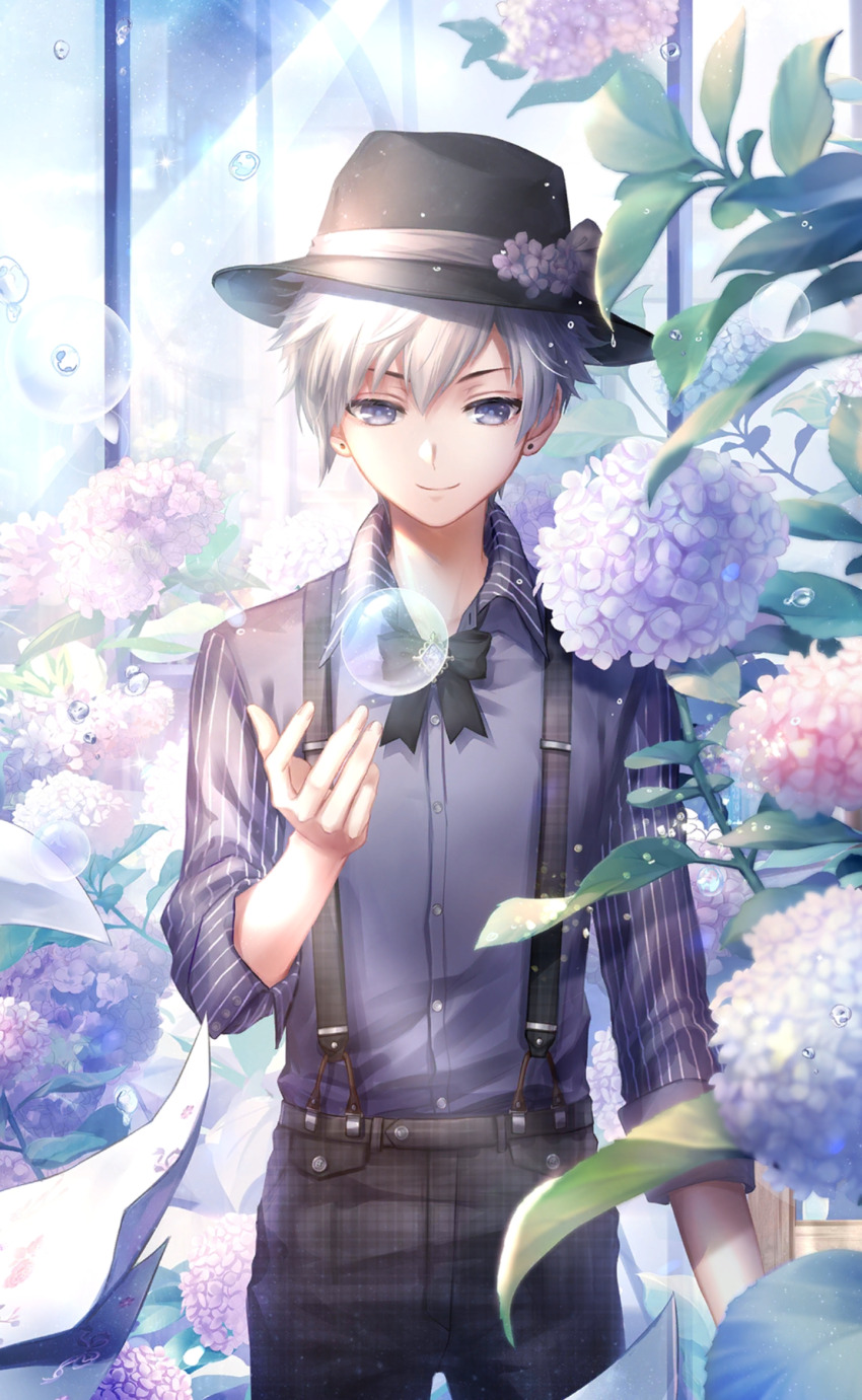 1boy, artist_request, black_bow, black_bowtie, black_hat, black_pants, blue_eyes, blue_flower