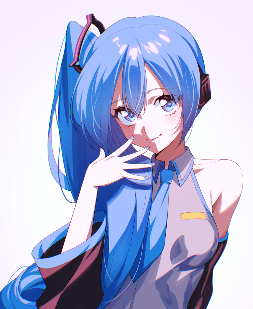 1girl, bare_shoulders, black_sleeves, blue_eyes, blue_hair, blue_nails, blue_necktie, careful_x