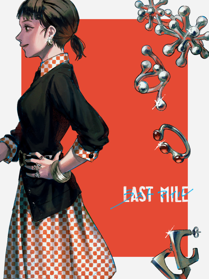 1girl, bangle, belt, black_belt, black_hair, black_shirt, border, bracelet, breasts, checkered_clothes, checkered_dress, collared_dress, commentary_request, copyright_name, cowboy_shot, dress, earrings, from_side, funado_erena, glint, hand_on_own_hip, highres, jewelry, last_mile, looking_ahead, medium_breasts, medium_hair, mihalme, multiple_rings, orange_dress, outside_border, parted_lips, partial_commentary, ponytail, profile, red_background, ring, shirt, short_ponytail, simple_background, smile, solo, standing, three-quarter_sleeves, two-tone_dress, white_border, white_dress