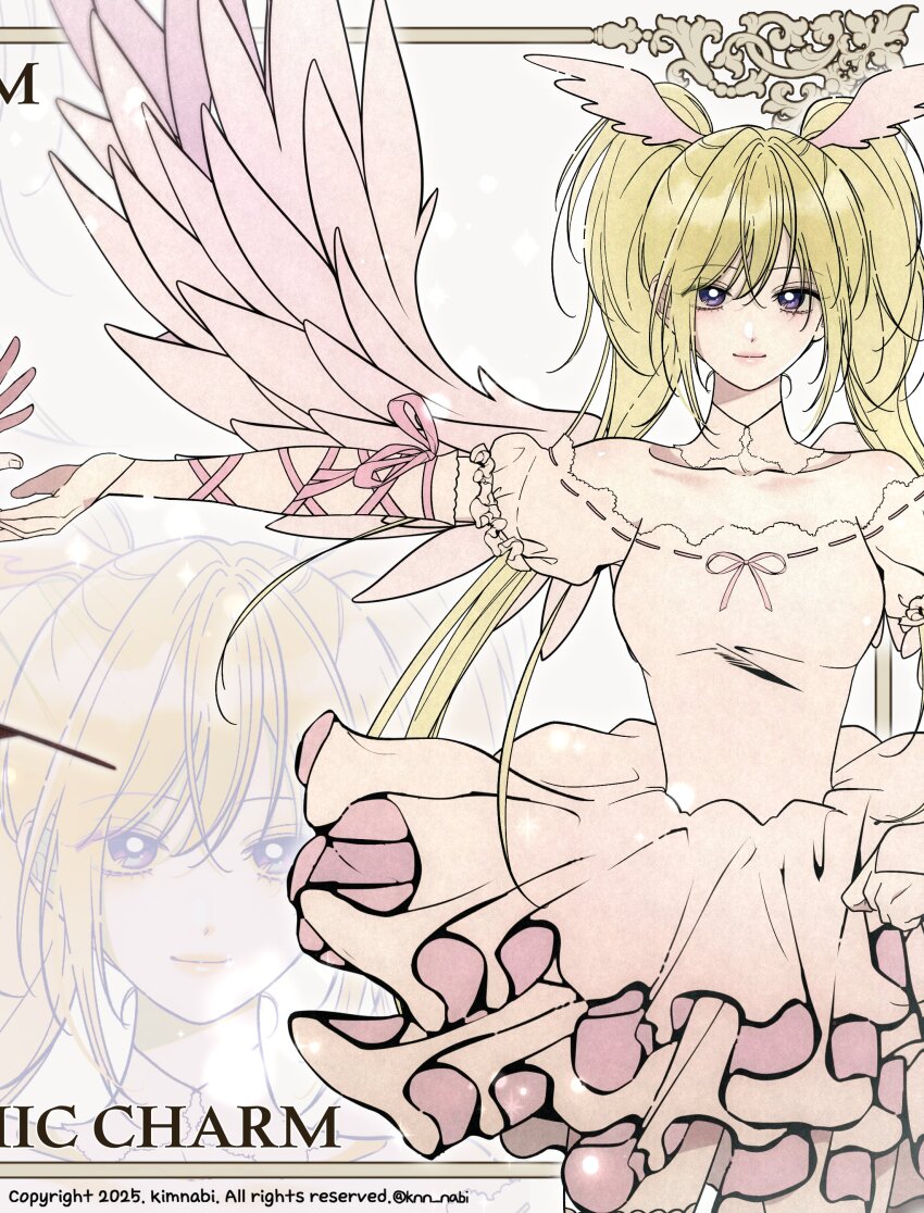 1girl, absurdres, blonde_hair, commentary_request, cowboy_shot, detached_collar, dress, frilled_dress