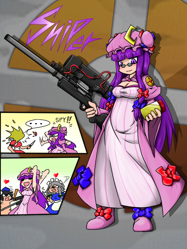 3girls, baseball_bat, black_hair, bloodycat, blush, breasts, crescent, dress_shirt