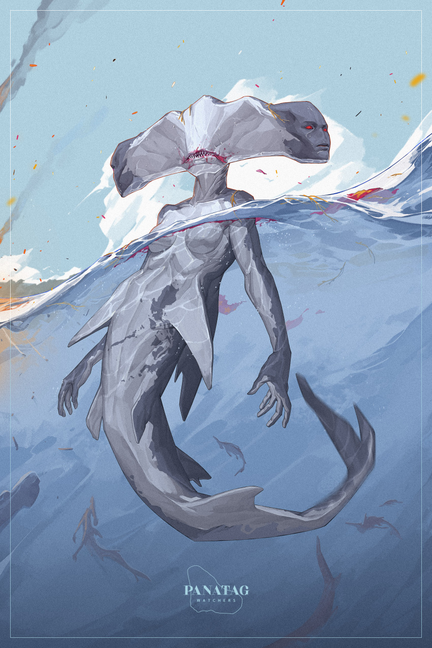 1girl, absurdres, blood, blood_on_face, character_name, colored_skin, creature, extra_faces