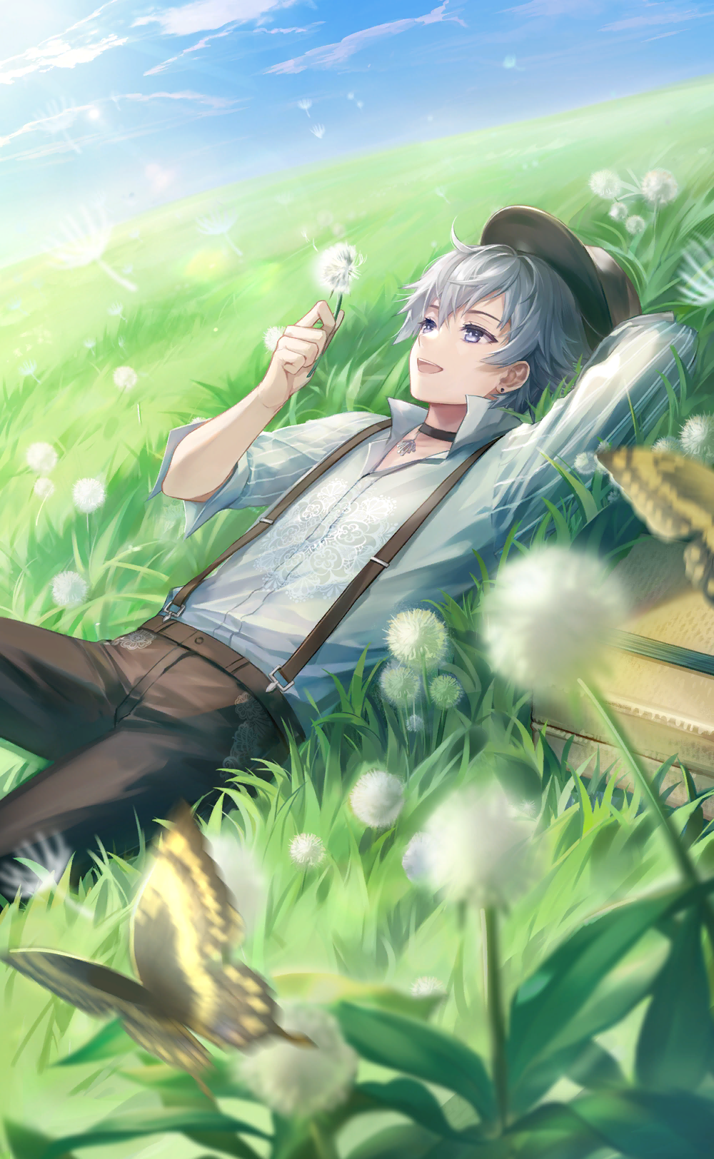 1boy, arm_behind_head, artist_request, belt, black_belt, black_choker, black_hat, black_pants