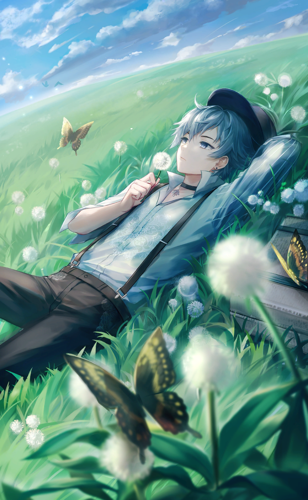 1boy, arm_behind_head, artist_request, belt, black_belt, black_choker, black_hat, black_pants