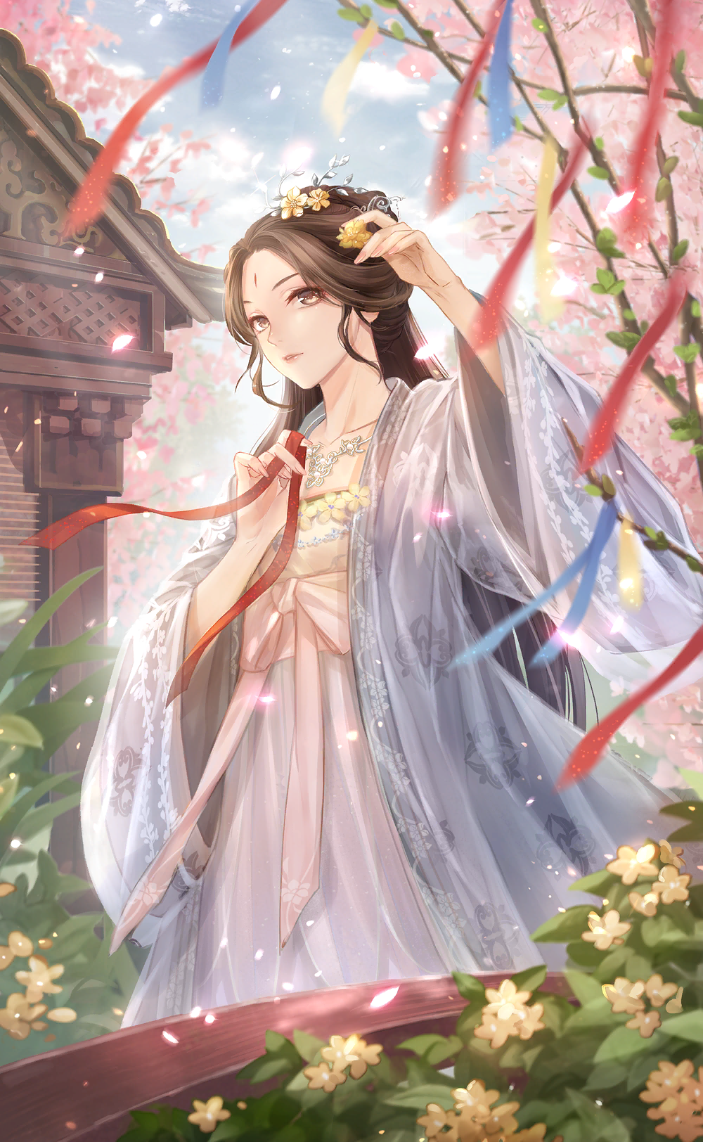 1girl, adjusting_hair, architecture, artist_request, blue_robe, bow, brown_eyes, brown_hair