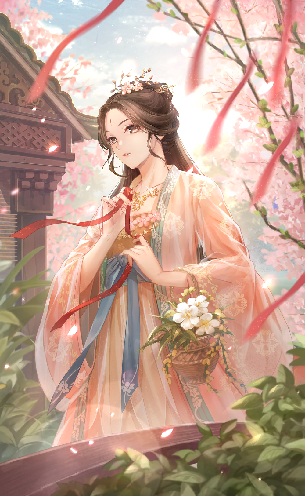 1girl, architecture, artist_request, backlighting, basket, blue_bow, blue_sky, bow