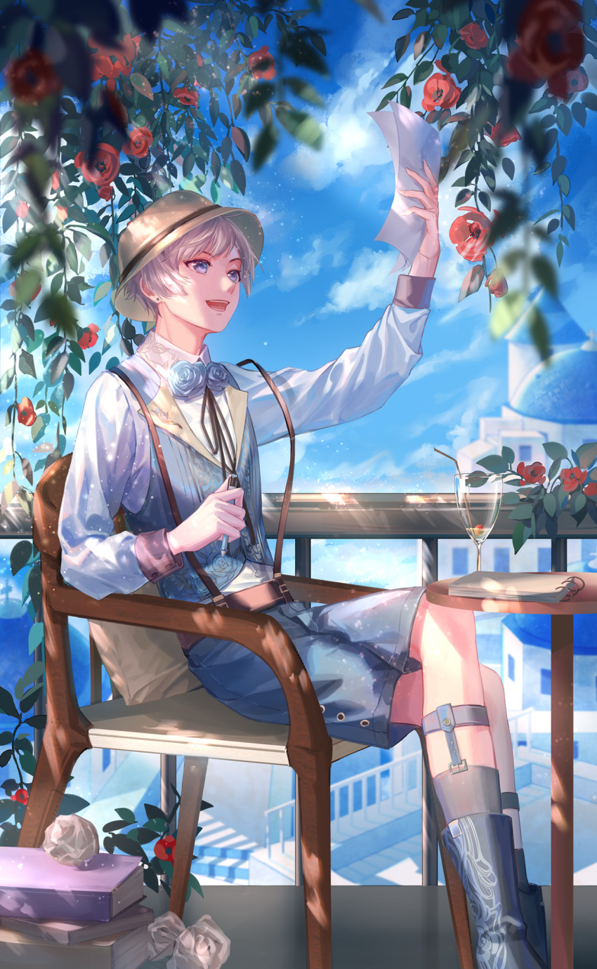 1boy, ankle_socks, artist_request, balcony, belt, black_belt, black_boots, black_socks, blue_eyes, blue_shorts, blue_sky, blue_vest, book, book_stack, boots, bowler_hat, cargo_shorts, chair, cloud, collared_shirt, collared_vest, crumpled_paper, cup, day, drinking_glass, drinking_straw, feet_out_of_frame, flower, game_cg, grey_hair, grey_hat, hair_between_eyes, happy, hat, helz_(shining_nikki), highres, holding, holding_paper, holding_pen, lapels, leg_belt, light_particles, light_rays, long_sleeves, looking_at_object, male_focus, nikki_(series), notepad, official_art, on_chair, open_mouth, outdoors, paper, peaked_lapels, pen, pinstripe_pattern, pinstripe_vest, pocket, pointy_nose, poppy_(flower), puffy_long_sleeves, puffy_sleeves, railing, red_flower, ribbed_socks, shining_nikki, shirt, short_hair, shorts, sitting, sky, smile, socks, solo, sunlight, suspender_shorts, suspenders, table, teeth, town, upper_teeth_only, vest, white_shirt, wine_glass