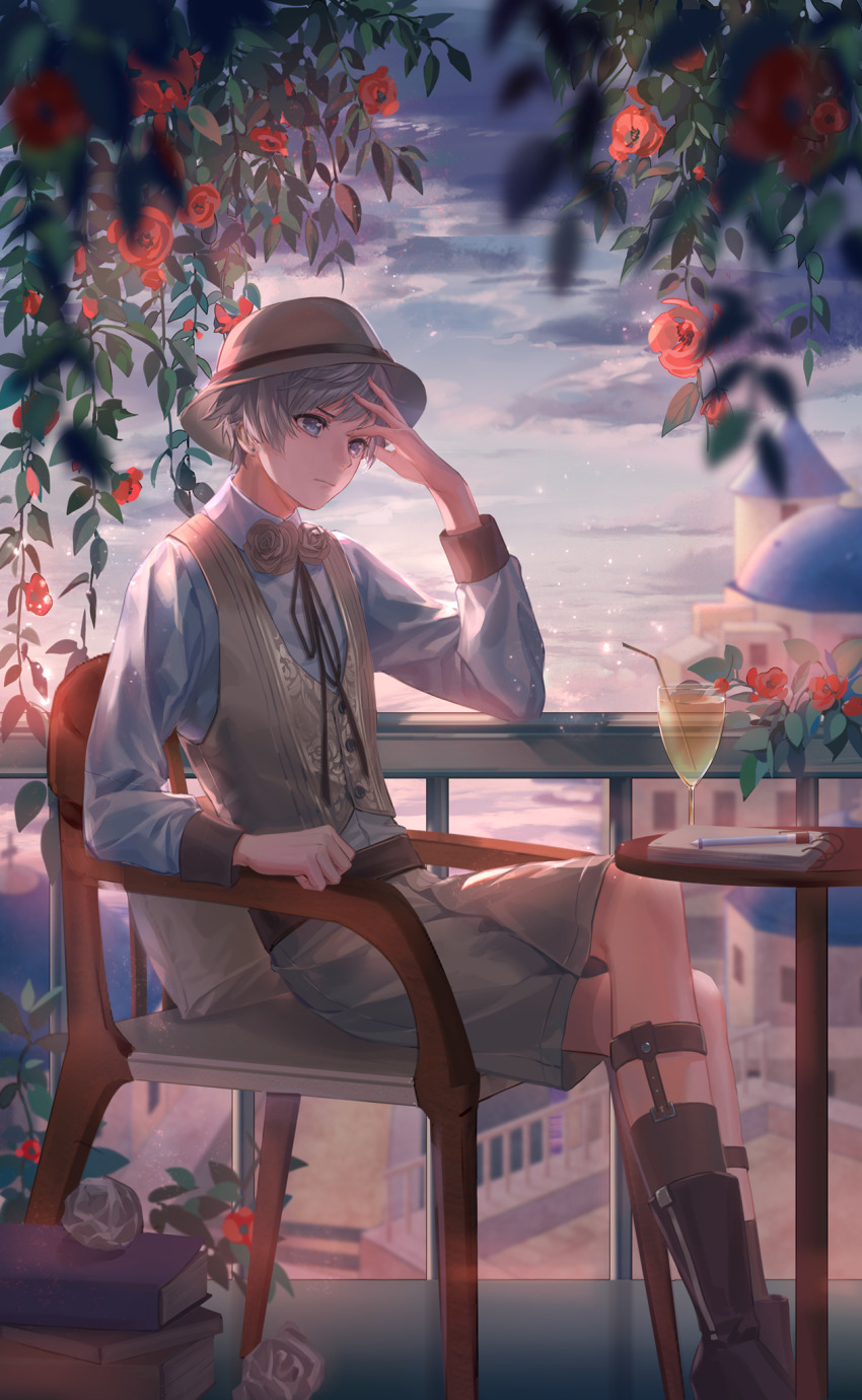 1boy, ankle_socks, annoyed, artist_request, balcony, belt, black_belt, black_boots