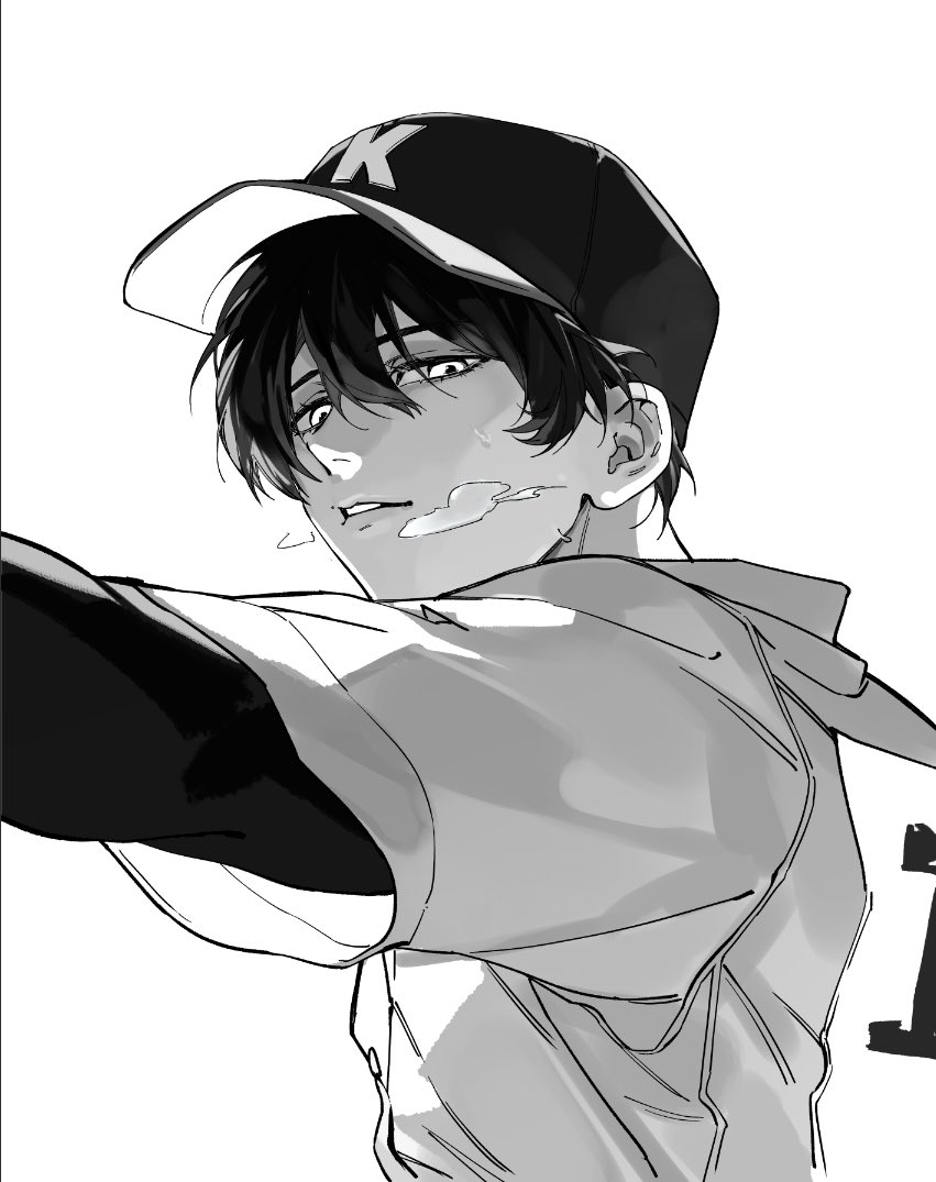 1boy, 999993nine, baseball_cap, baseball_jersey, boukyaku_battery, breath, commentary_request, double-parted_bangs