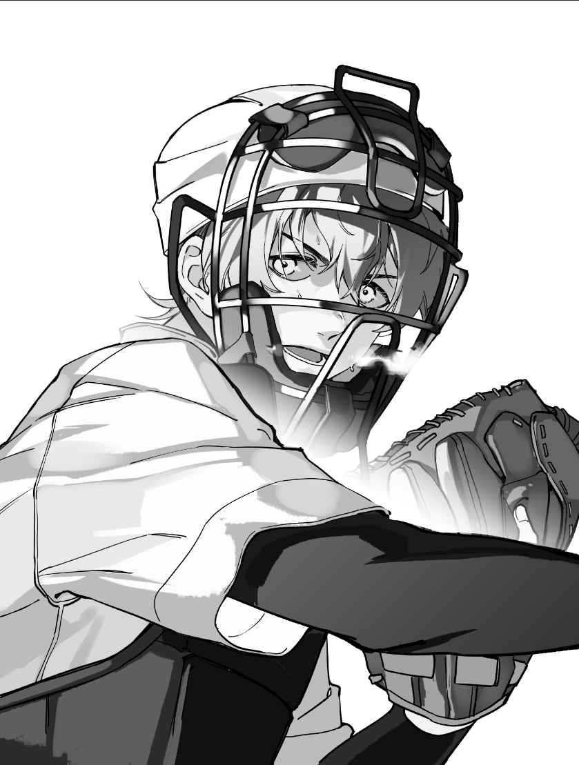 1boy, 999993nine, arm_up, baseball_glove, baseball_jersey, boukyaku_battery, catcher's_mask, catcher_(baseball), commentary_request, greyscale, hair_between_eyes, jersey, kaname_kei, layered_sleeves, long_sleeves, looking_to_the_side, lower_teeth_only, male_focus, monochrome, open_mouth, short_over_long_sleeves, short_sleeves, simple_background, solo, teeth, upper_body, white_background