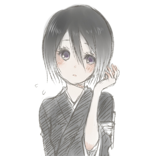 1girl, air-bird, bad_id, bad_pixiv_id, black_eyes, black_hair, bleach, blush, child, female_focus, hair_between_eyes, kuchiki_rukia, lowres, nagumo_kuu, short_hair, simple_background, sketch, solo, sweatdrop, upper_body