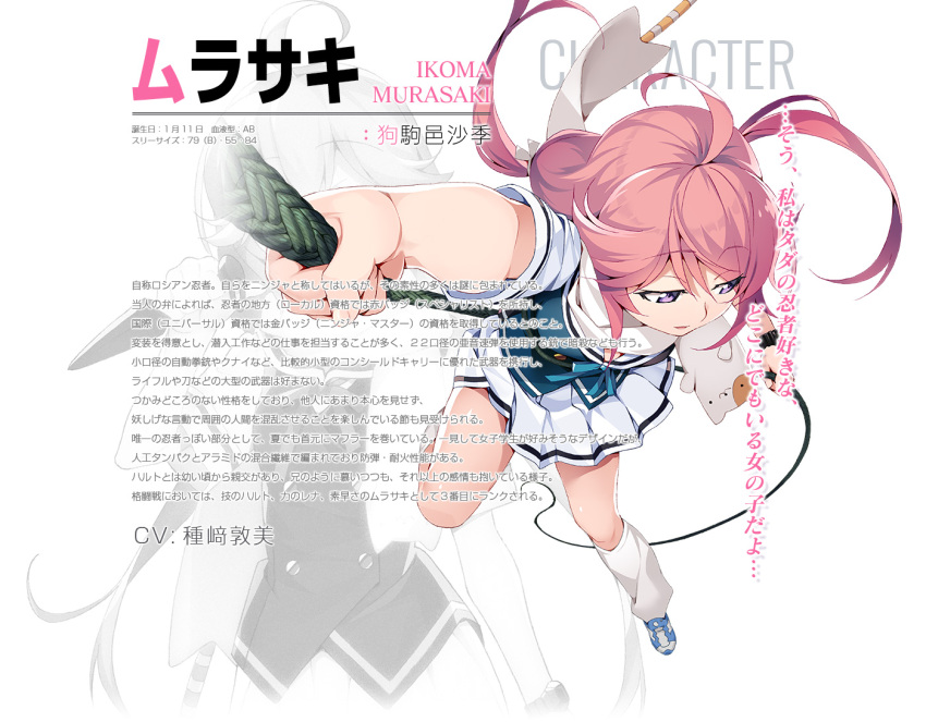 1girl, ahoge, blood_type, blue_shoes, blue_vest, breasts, character_name, character_profile