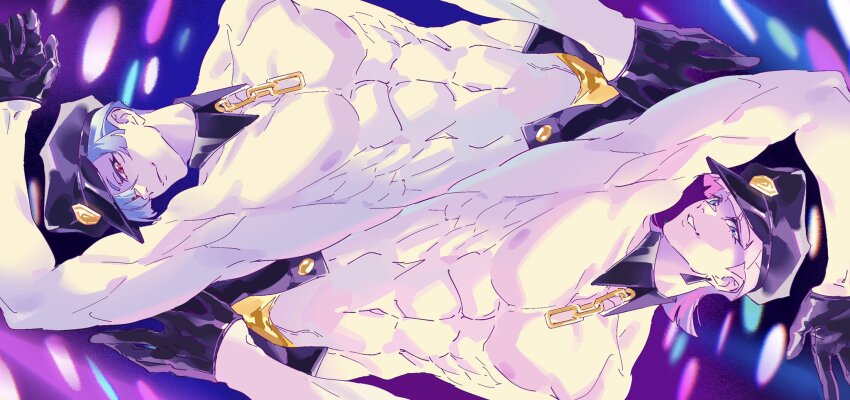 2boys, abs, bb_zatta, black_collar, blue_eyes, collar, hat, highres