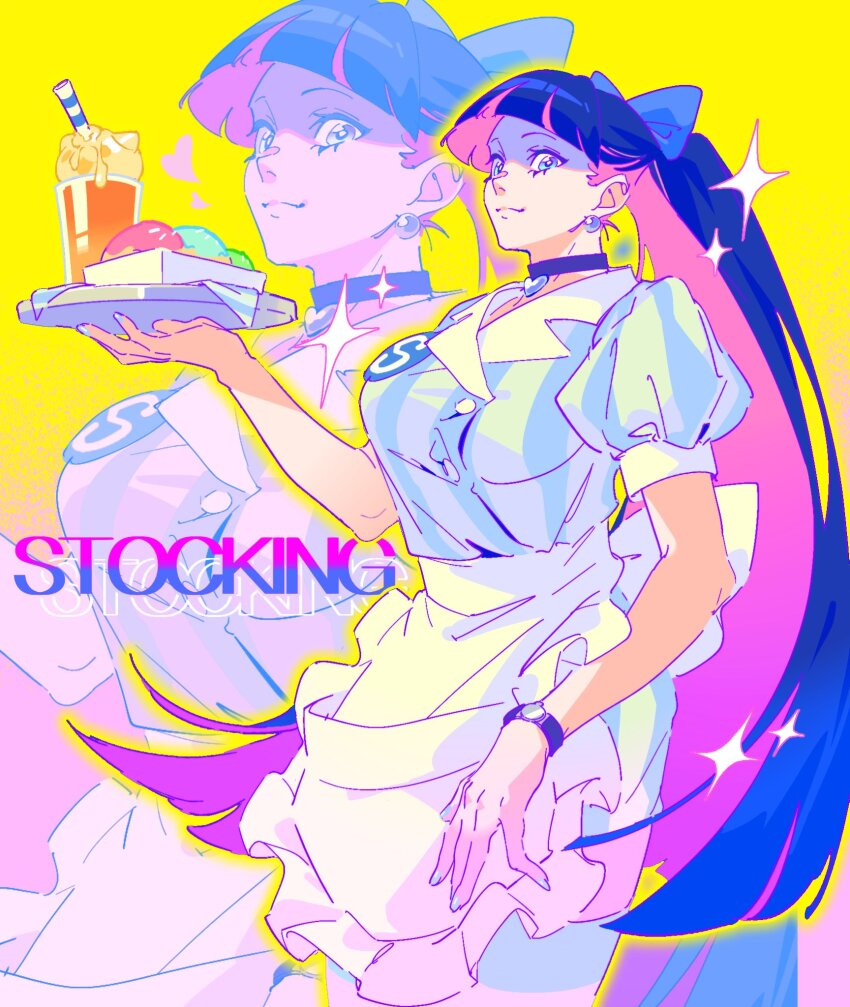 1girl, bb_zatta, blue_eyes, blunt_bangs, colored_inner_hair, dress, highres, holding